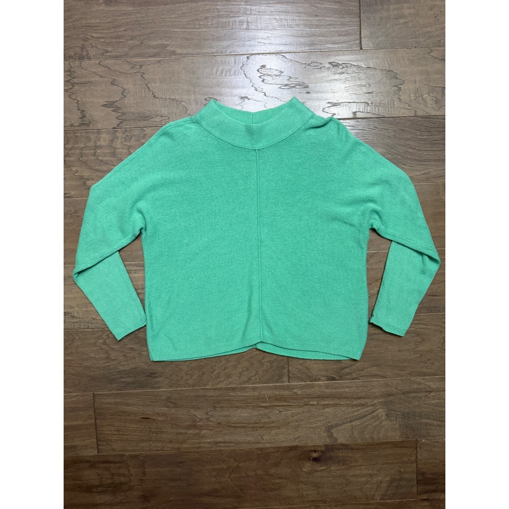 Eileen Fisher Sweater Womens PM Green Cotton Cashmere Solid Boxy Mock Neck Basic